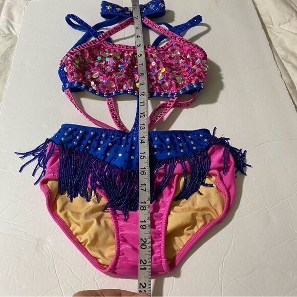 Glamour solo sassy dance costume blue pink embellished rhinestone fringe LC - Picture 6 of 13
